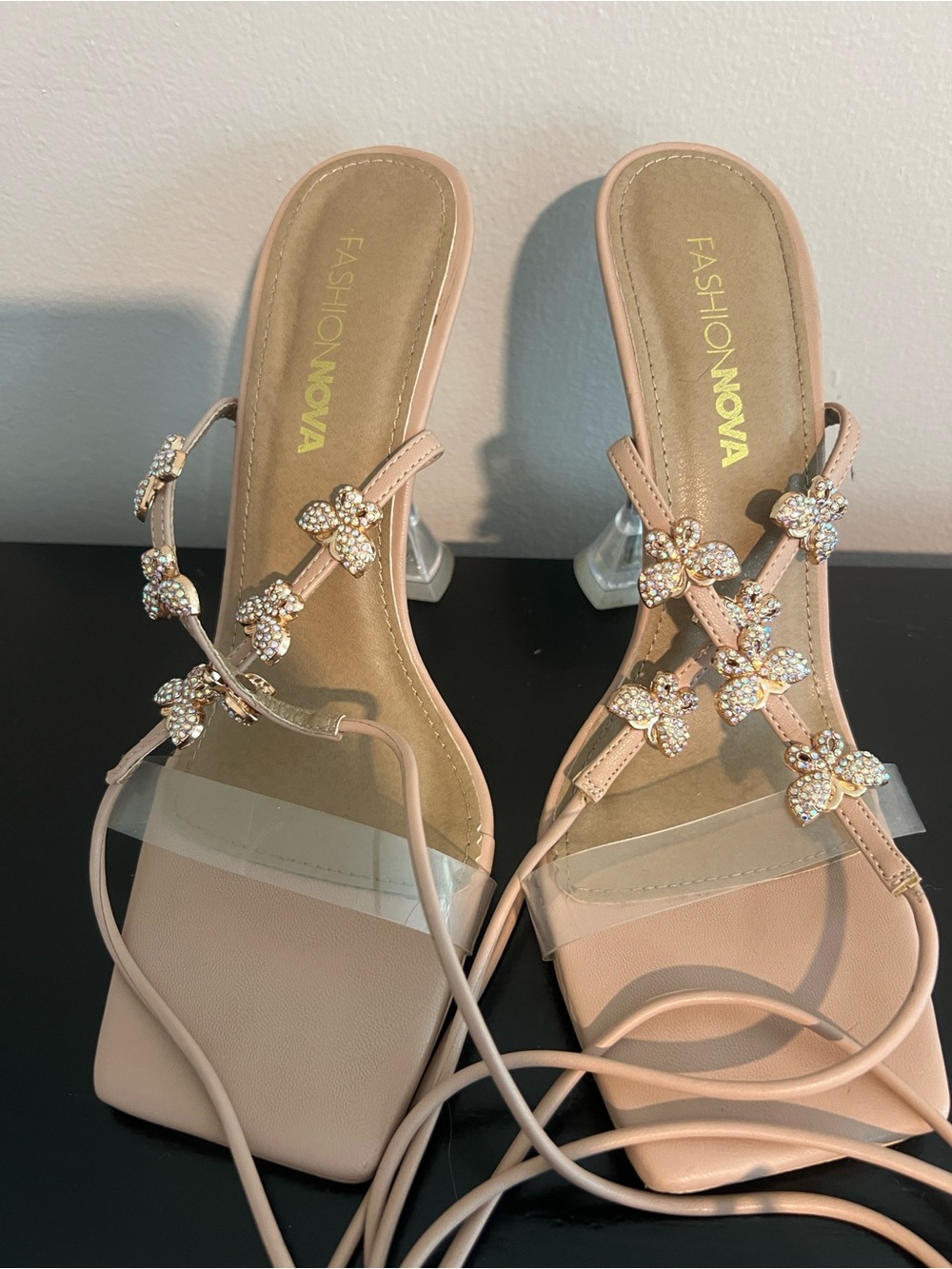 Nude Butterfly Lace-Up Heels